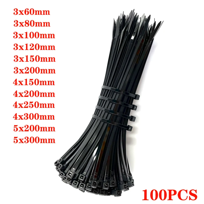 100 Pcs Nylon Cable Tie Self-Locking Zip Ties 2.4 x 150 mm Black 