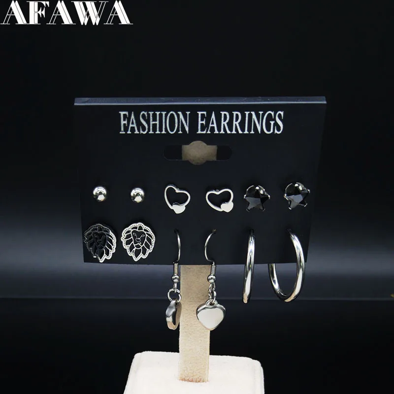 Набор из 6 пар сережек из нержавеющей стали со львом, женские серьги черного и серебристого цвета, ювелирное изделие, ювелирное изделие acero inoxidable para mujer E612852