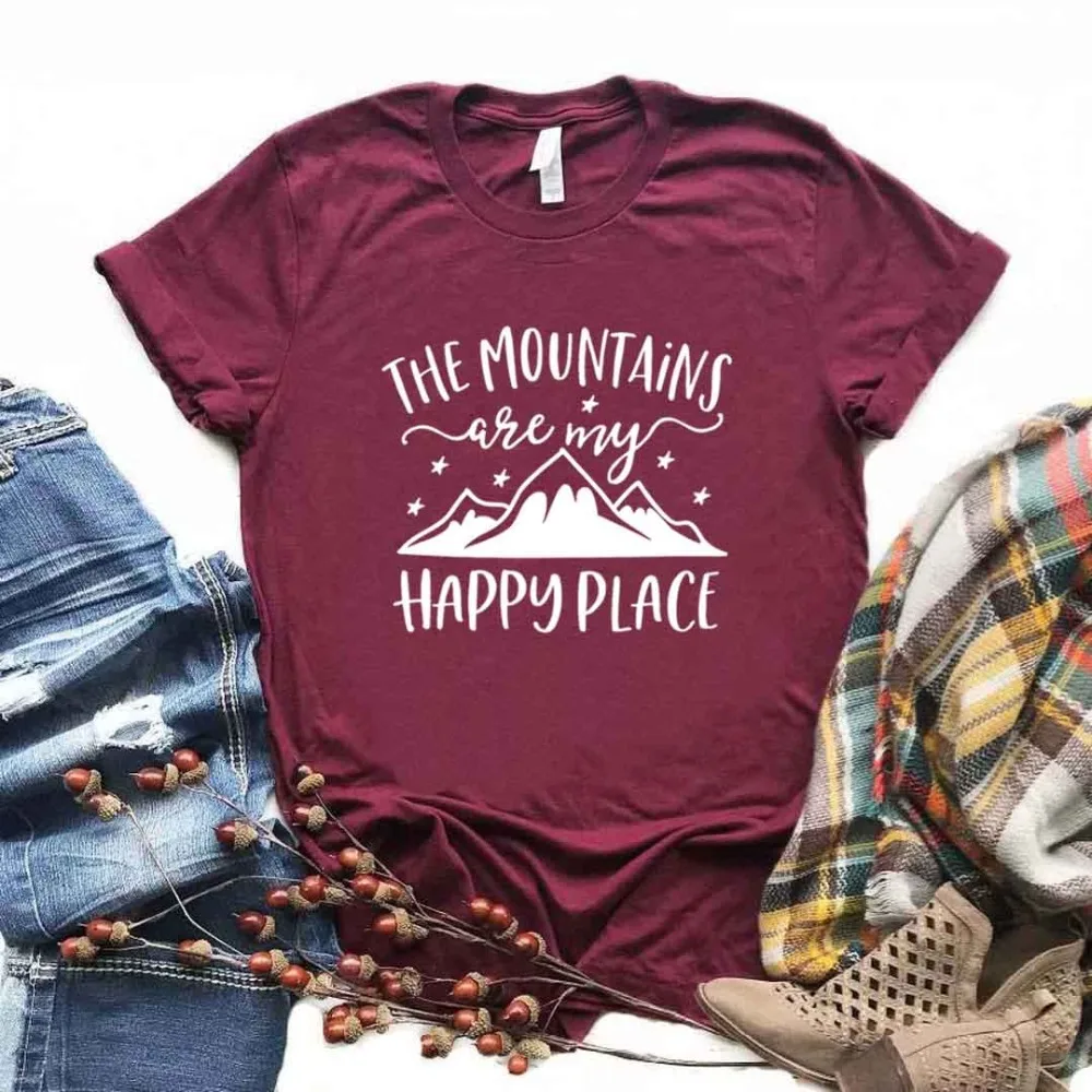 Женские футболки с принтом "Горы мои счастливые места", хлопковая Повседневная забавная Футболка для леди Йонг, топ, хипстер, 6 цветов, NA-843