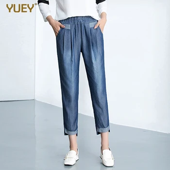 

Womens cropped jeans for summer loose elastic waist casual cotton stretch harem jeans thin female plus size simple washing cuffs