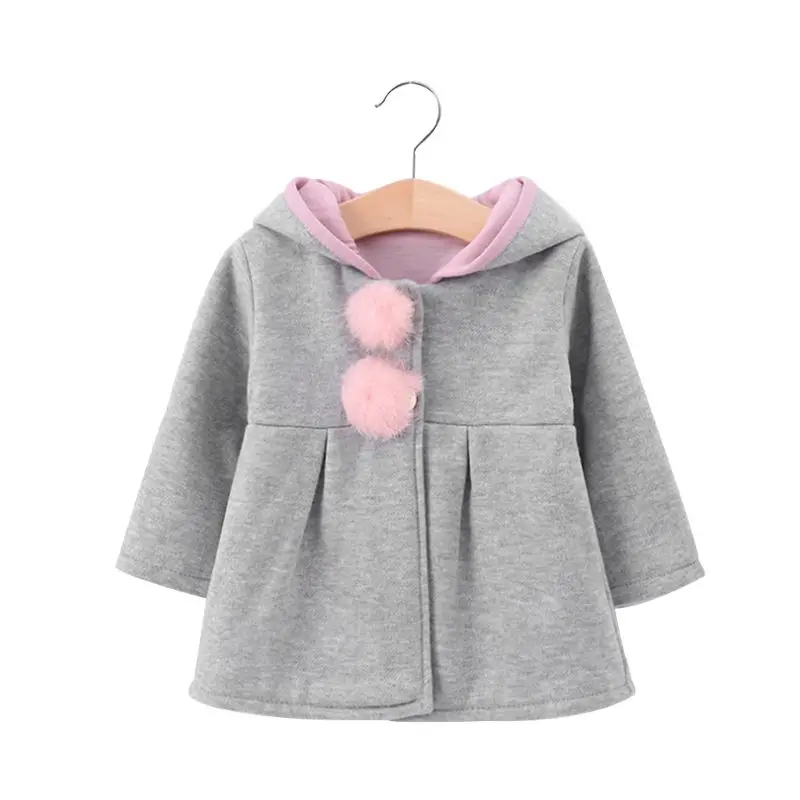 Зимнее хлопковое теплое пальто с капюшоном и длинными рукавами для маленьких девочек; Длинная Куртка контрастного цвета с заячьими ушками и помпонами