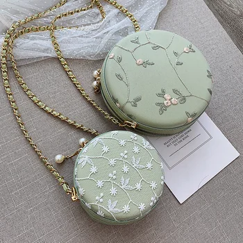 

Sweet Lady Embroidery Round Bag 2020 Fashion New Quality PU Leather Women's Designer Handbag Pearl Chain Shoulder Messenger Bags
