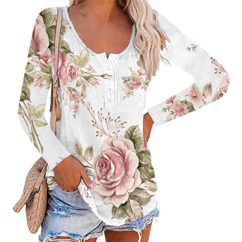 Theoylos Women Blouse T-Shirts Casual Floral Print Long Sleeve Shirt Autumn Fashion Wrinkle Pleat V Neck Pullover Tops 