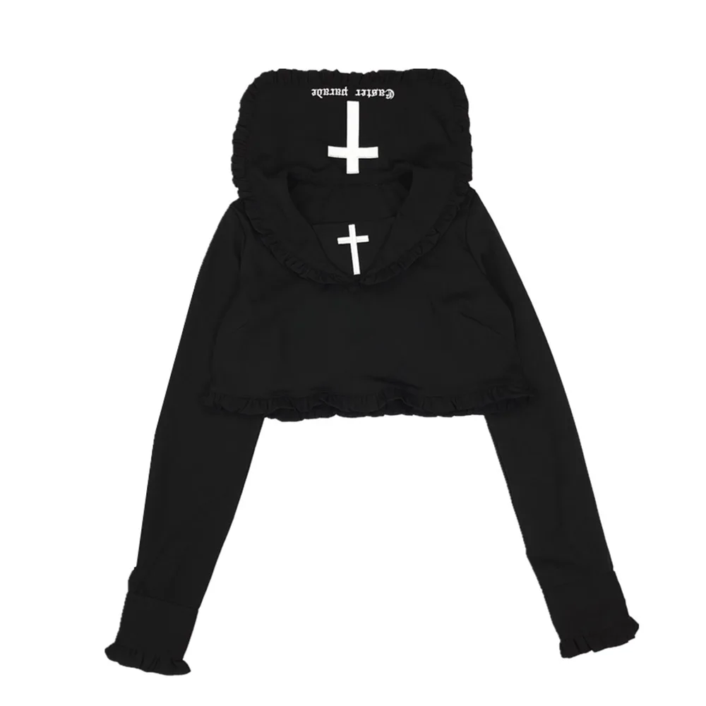 Gothic Women Goth Blouse Cross Print Stringy Selvedge Bowknot Geometric Pullover Long Sleeve Slim Top Preppy Young Girl Loli