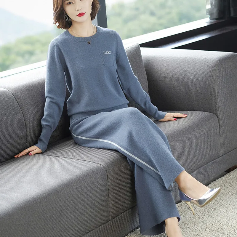 

LANMREM Blue Long Sleeve Round Neck Pullover Sweater Knit Trousers Woman Suit Casual Simple Fashion 2019 Autumn Winter New TD273