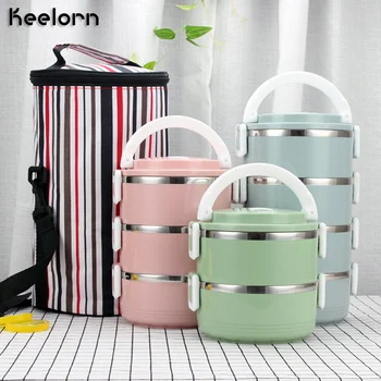 

Keelorn 304 Stainless Steel lunch box multi-layer insulation portable round children Tableware + cooler bag Lunch Box