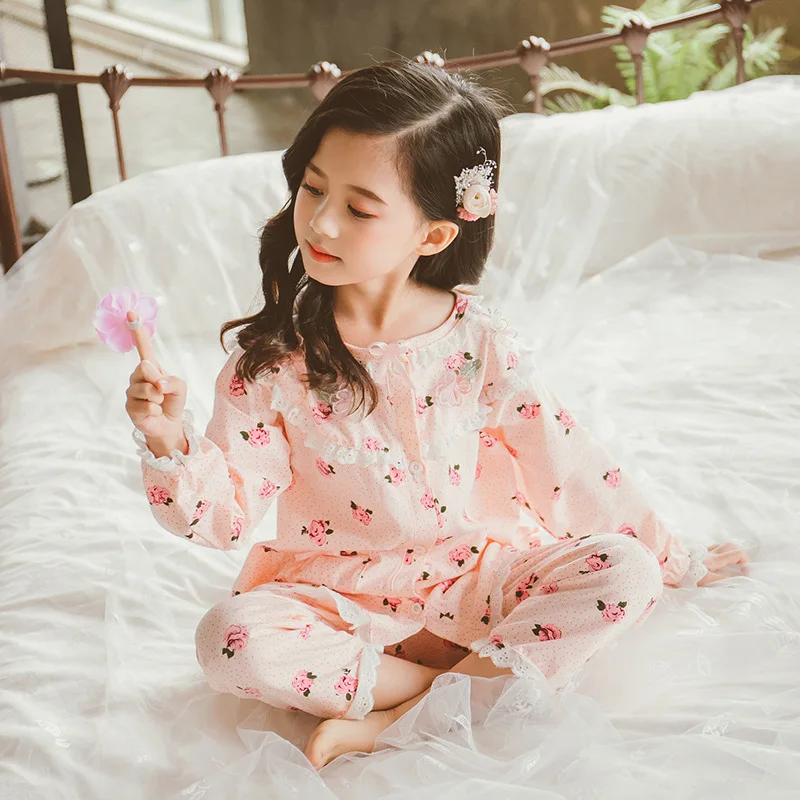 

Girls 2019 Spring Home Wear Little Princess Wave Lace Stereo Flower Set Big Boy Skin Comfortable Pajamas