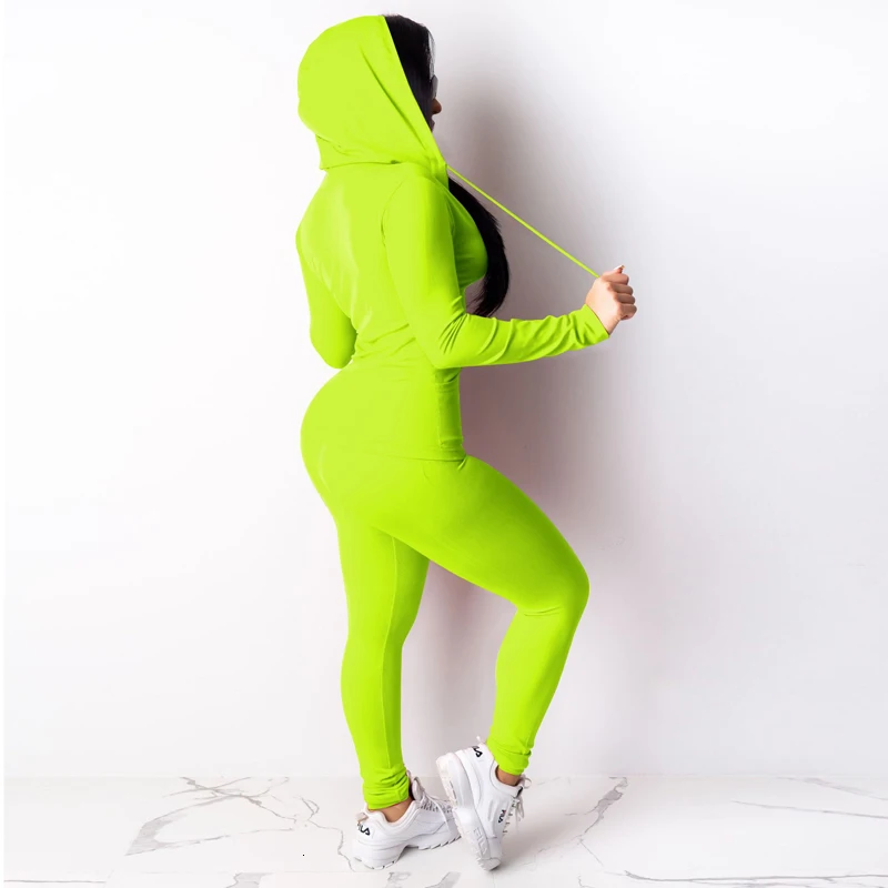 Autumn Women Zipper Up Long Sleeve Hooded Top Pencil Pants Suit Two Piece Set Casual Sporting Tracksuit Neon Green Outfits