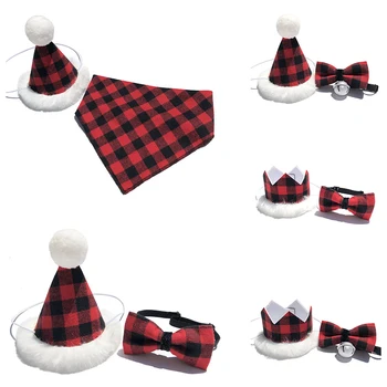 

2Pcs/set Pet Dogs Caps With Bowknot Cat Dog Festival Celebration Costume Plush Plaid Design Headwear Cap Hat Christmas