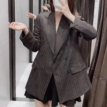

Women Vintage Notched Striped Blazer Suit Winter Jacket Pockets Slim Outwear Safari Style Office Work Coat