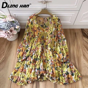 

DLINGHAN Fashion Floral Print Chiffon Dress elegant Ruffles Puff Sleeve V-Neck Vacation Mini Dresses Designer Autumn New