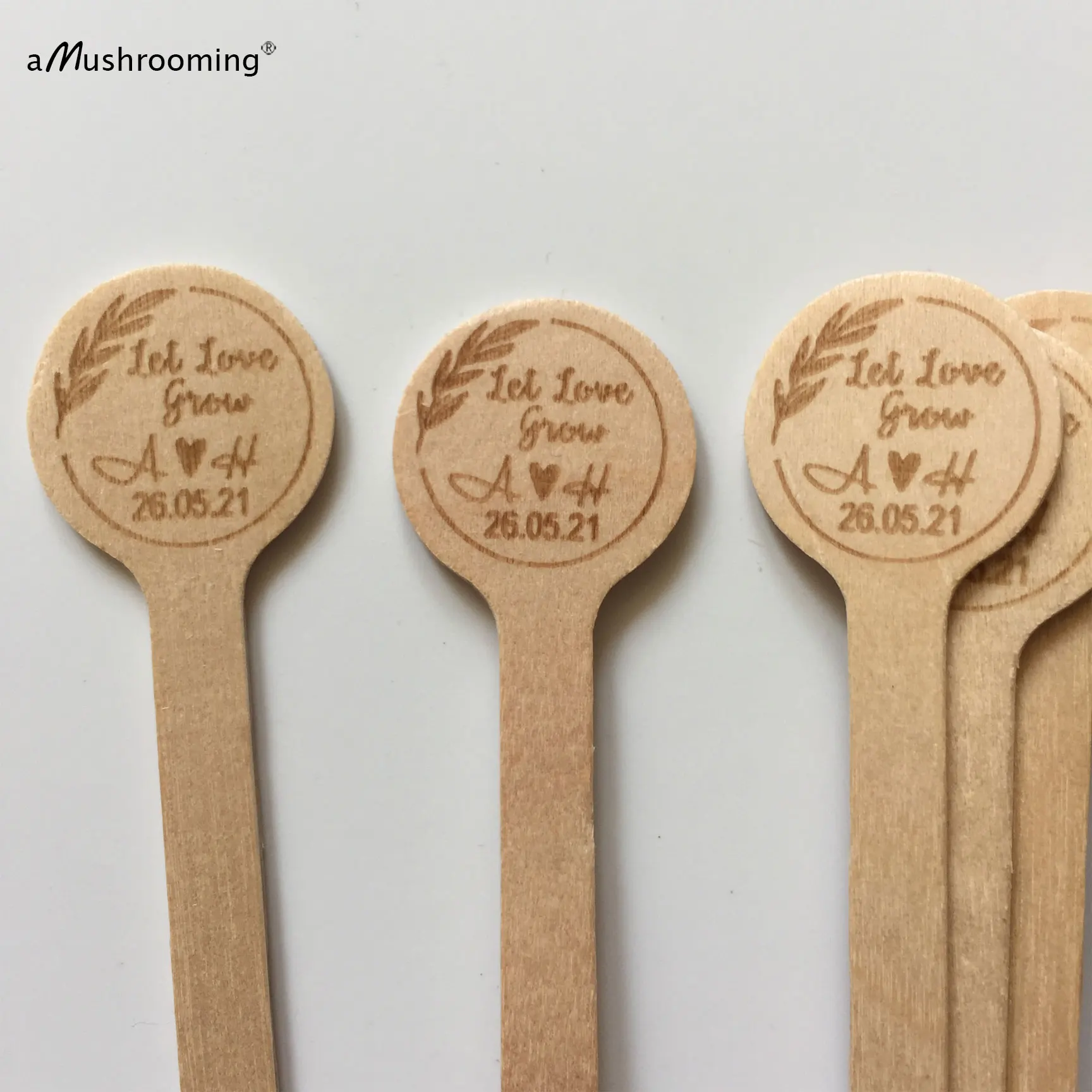 100pcs Let Love Grow Wedding Cocktail Stirrers with Initials and Date Engraved Bridal Shower Round Wood Coffee Stir Stick