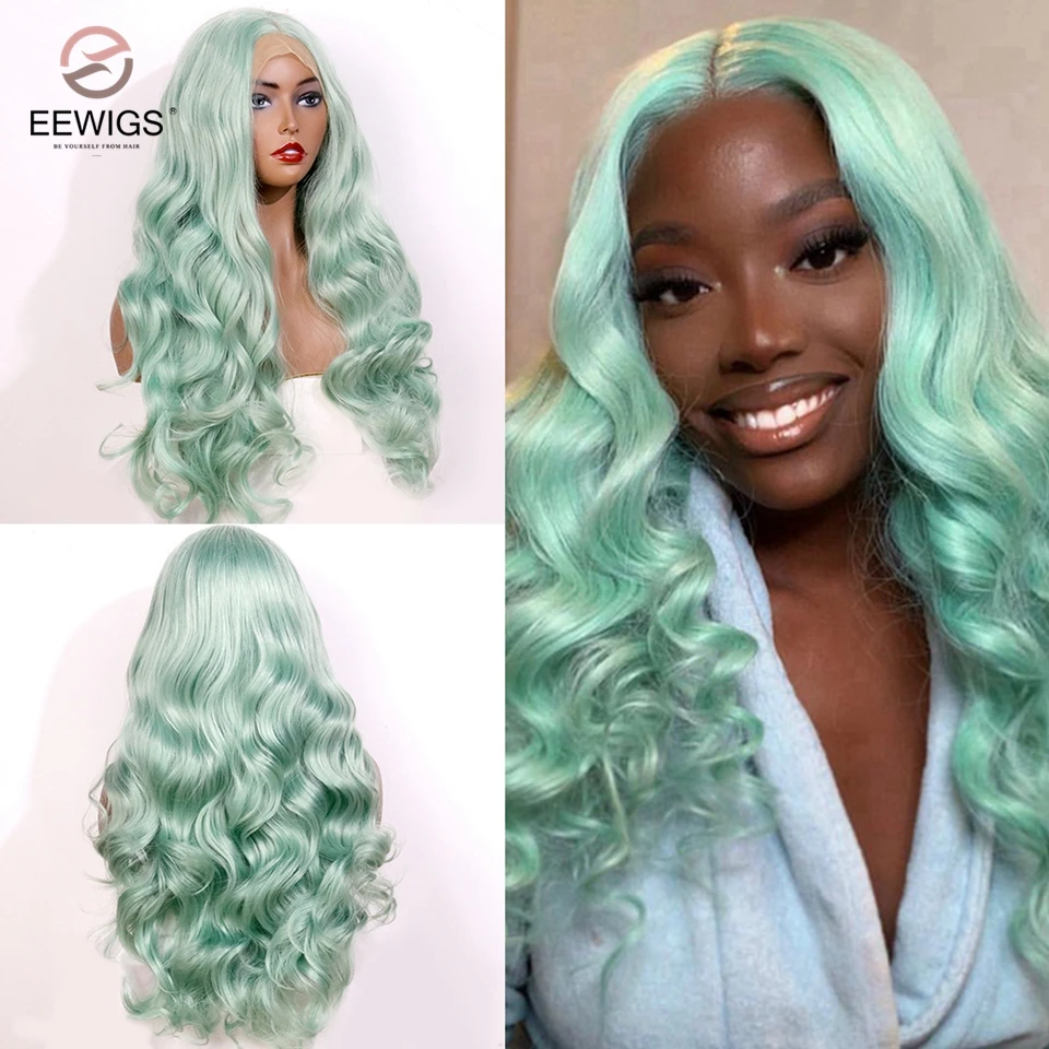 Eewigs Mint Green Color Heat Resistant Hair Glueless Synthetic Lace Front Wig Natural Wave Cosplay Wigs For Black Women Wig Curly Wigs For Womenwig Lace Front Wig Aliexpress