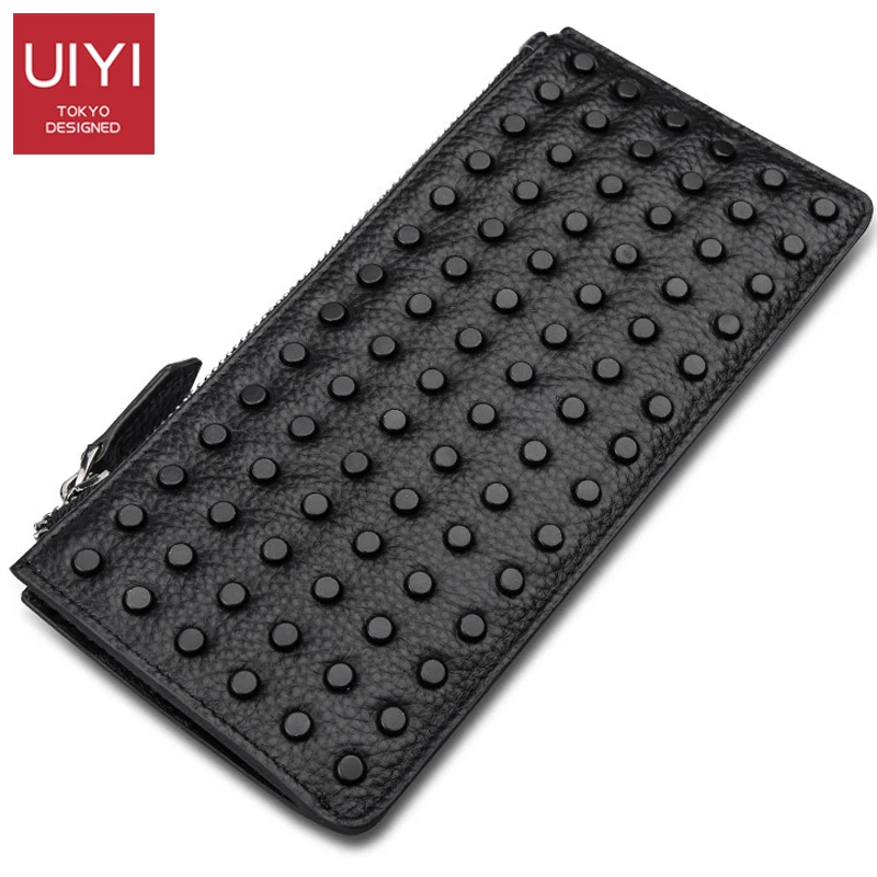 

UIYI Men's Long Black Leather Wallet European and American Fashion Studded Wallet Leather Phone Case Business Storage Wallet
