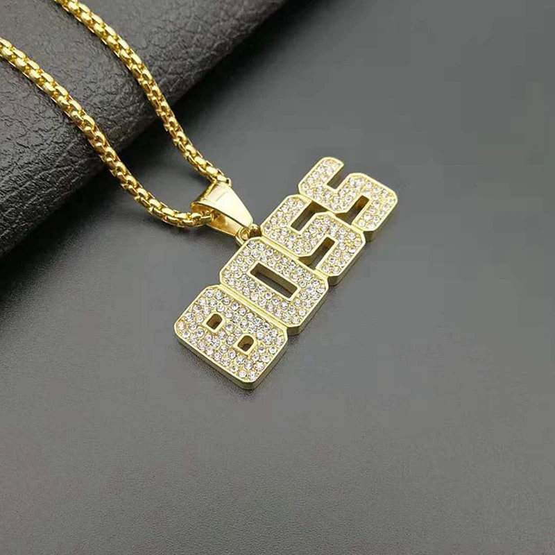 Hip Hop Bling Iced Out Rhinestone Gold Stainless Steel Boss Letter