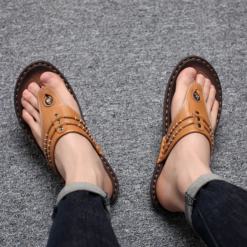 

Leather Slippers Summer Flip-flops Genuine Leather Anti-slip Casual Sandals Korean-style Handmade Split Toe Rome Slippers MEN'S