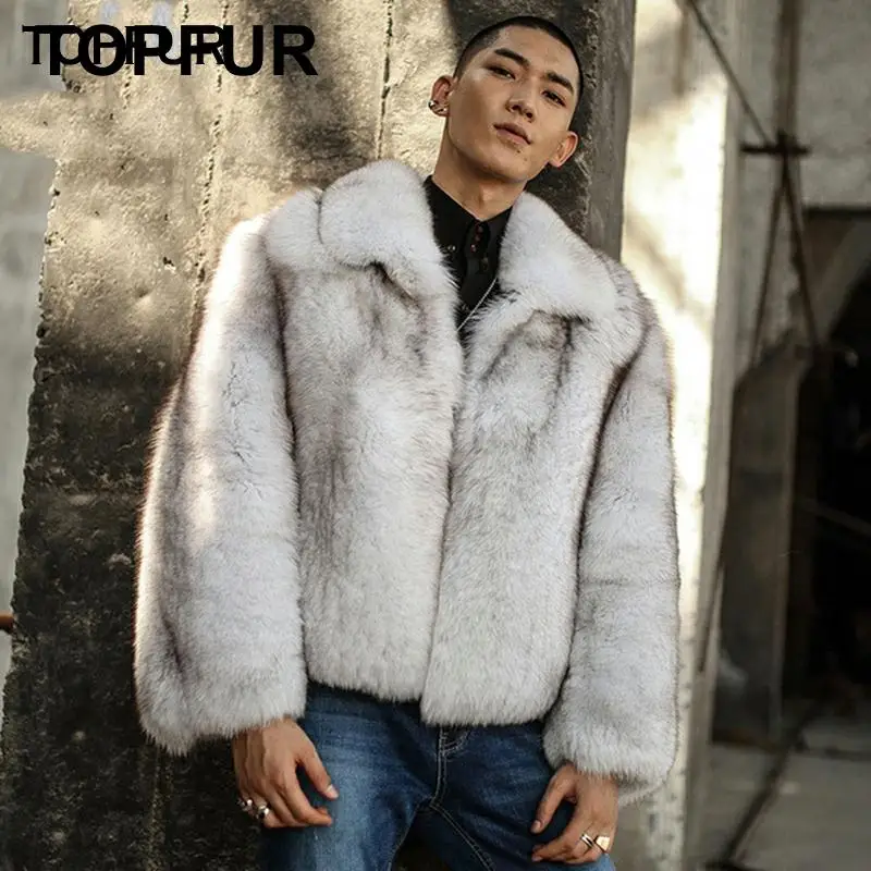 Мужское зимнее пальто с натуральным лисьим мехом воротником из натуральной кожи