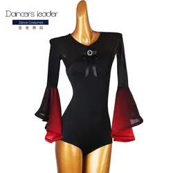 High-end Custom Latin Dance One-piece Tops Women Lantern Sleeves Chacha Tango Dance Costumes Adult Professional Stage Costumes