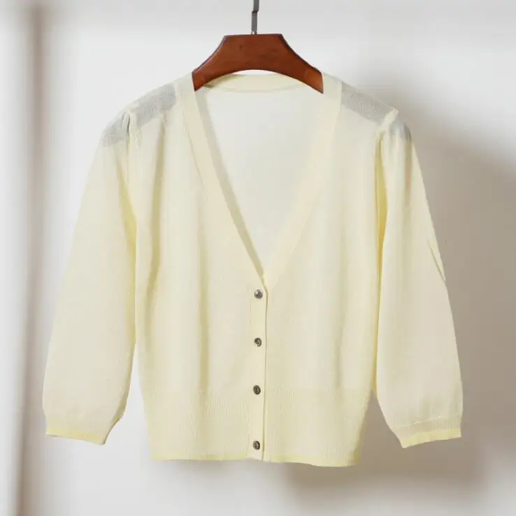 beige yellow 17 цветов короткий вязаный кардиган пальто летние женские три четверти V шеи шелк льда тонкие пальто пуговицы женские топы - Цвет: beige yellow