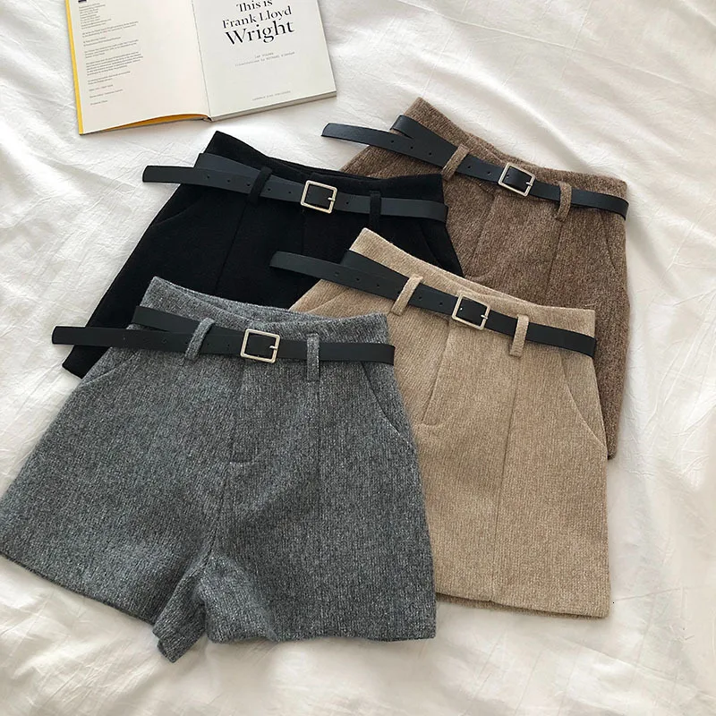Tanie Spodenki damskie zimowe jednokolorowe wełniane szorty wysokie Wiast szerokie nogawki krótkie spodnie zapinane na pasek damskie spodenki booty