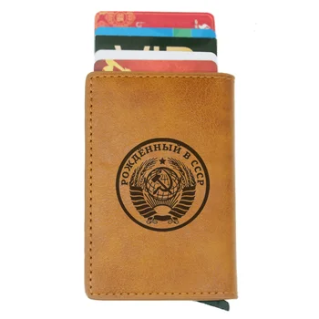 

Soviet Badges Sickle Hammer CCCP Rfid Card Holder Men Women Wallets Vintage Short Purse Leather Slim Wallets Mini Wallet Gifts