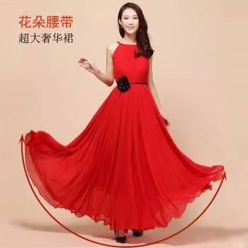 

2020 Summer WOMEN'S Dress Seaside Beach Solid Color Long Skirts Bohemian Elegant Sleeveless Chiffon Big Hemline Strapped Dress