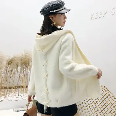 beige Имитация норки свитер женский короткий пальто бархат с капюшоном Кардиган Женская верхняя одежда осень и зима толстый Универсальный f2338 - Цвет: beige