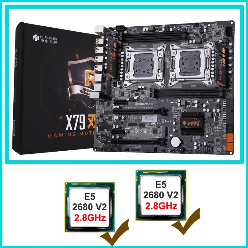 ^Cheap New arrival HUANANZHI X79-4D motherboard CPU bundle discount dual X79 LGA2011 motherboard with dual CPU Xeon E5 2680 V2 2.8GHz