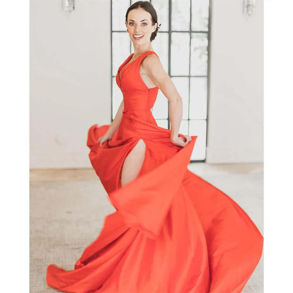 HONGFUYU Chiffon Simple Prom Dresses A-line V Neck Formal Evening Gowns with Slit Sleeveless Party Dress Vestidos Court Train
