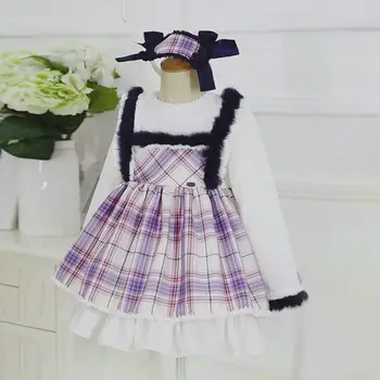 

Pettigirl Girls Clothing dress Faux Fur Kids Cuff Boutique Grid Plaid Skirts Baby Girls WIth Headwear