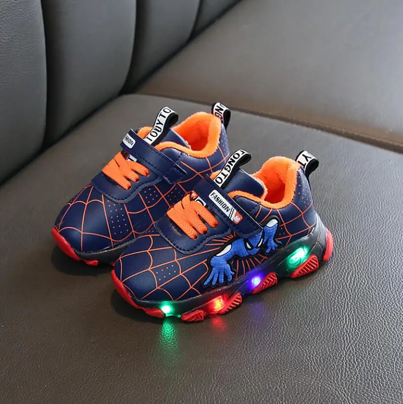 Светодиодная светящаяся детская обувь с человеком-пауком для мальчиков и девочек; светильник для детей; светящиеся Детские кроссовки; кожаная спортивная обувь для мальчиков и девочек; светодиодный светильник - Цвет: Blue Warm