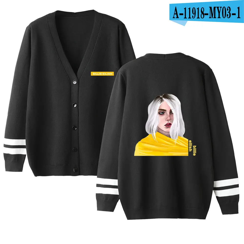 Kpop Billie Eilish женский свитер с v-образным вырезом, Одноцветный Свободный вязаный однобортный Кардиган, Повседневная вязаная одежда размера плюс, верхняя одежда - Цвет: black