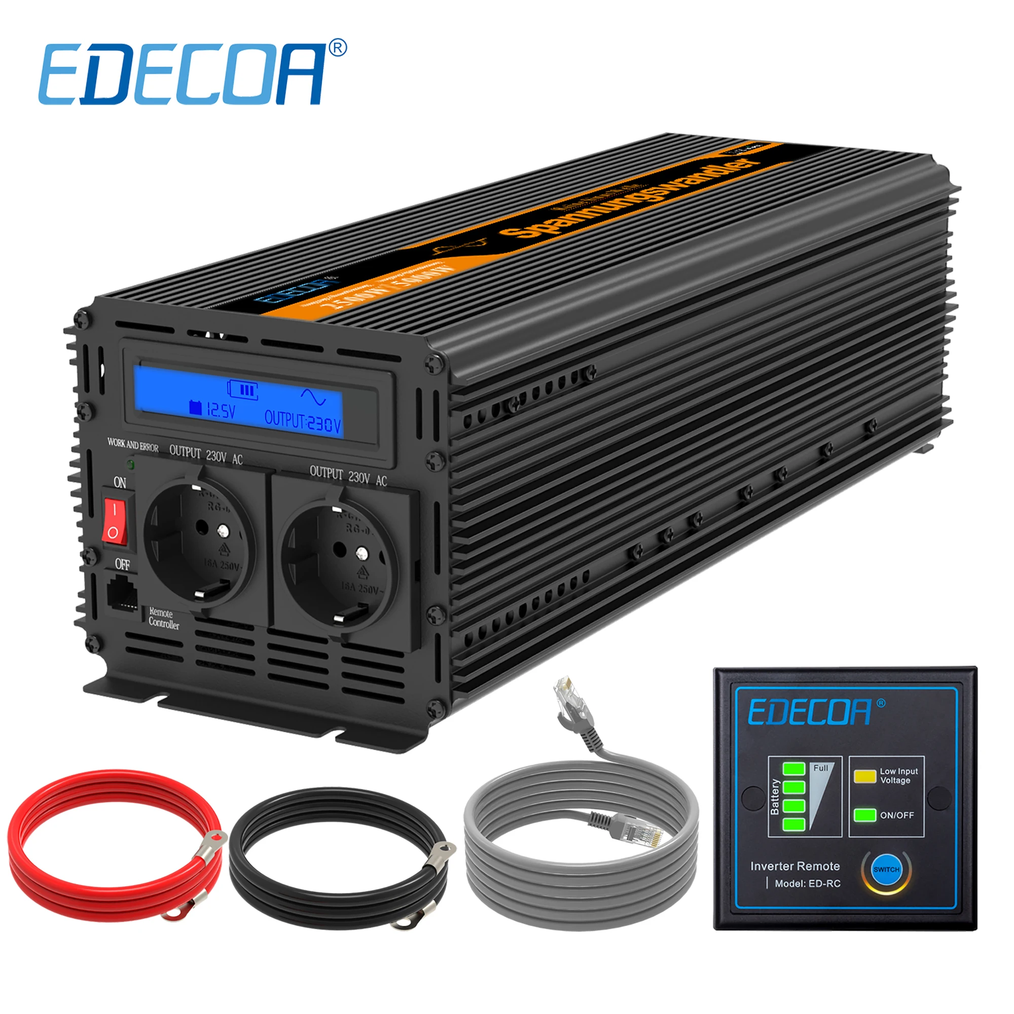 EDECOA pure sine wave DC 12V 24V to AC 220V 230V 2500W инвертор с пультом дистанционного управления LCD
