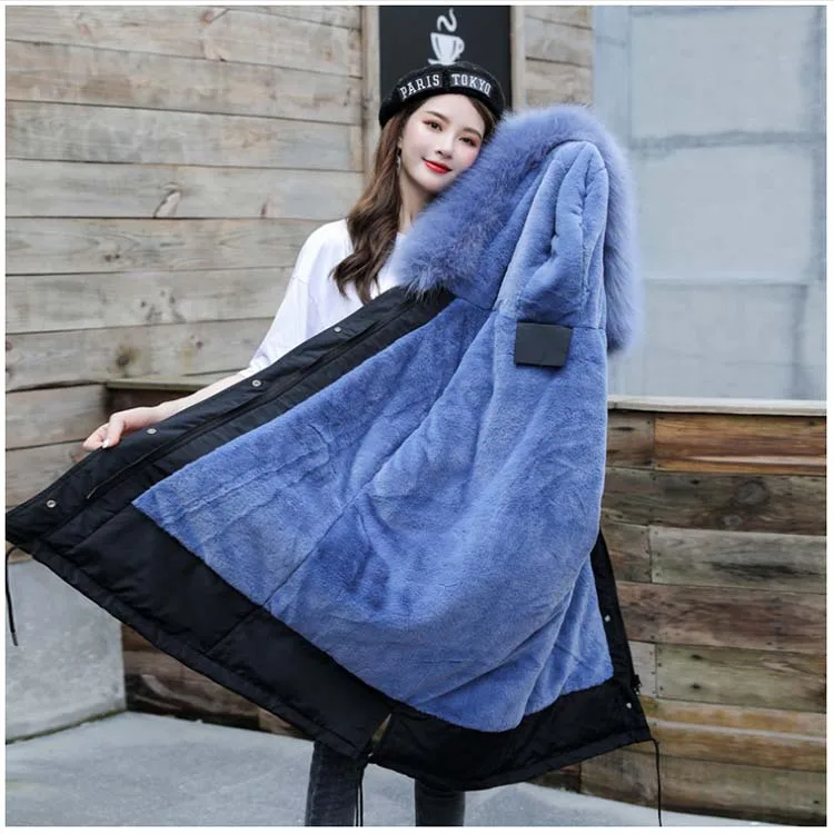 fog blue Зимние женские куртки, Толстая теплая длинная куртка с подкладкой из овечьей шерсти, Женская куртка с большим меховым воротником и кулиской на талии, парка размера плюс - Цвет: fog blue