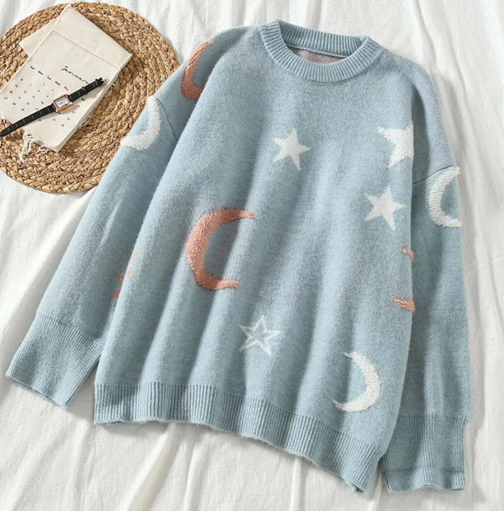 

Sweet Moon Stars Oversize Sweater Women Casual Fashion Long Sleeve Knitting Sweater Female Autumn Blue Purple Pullover Tops