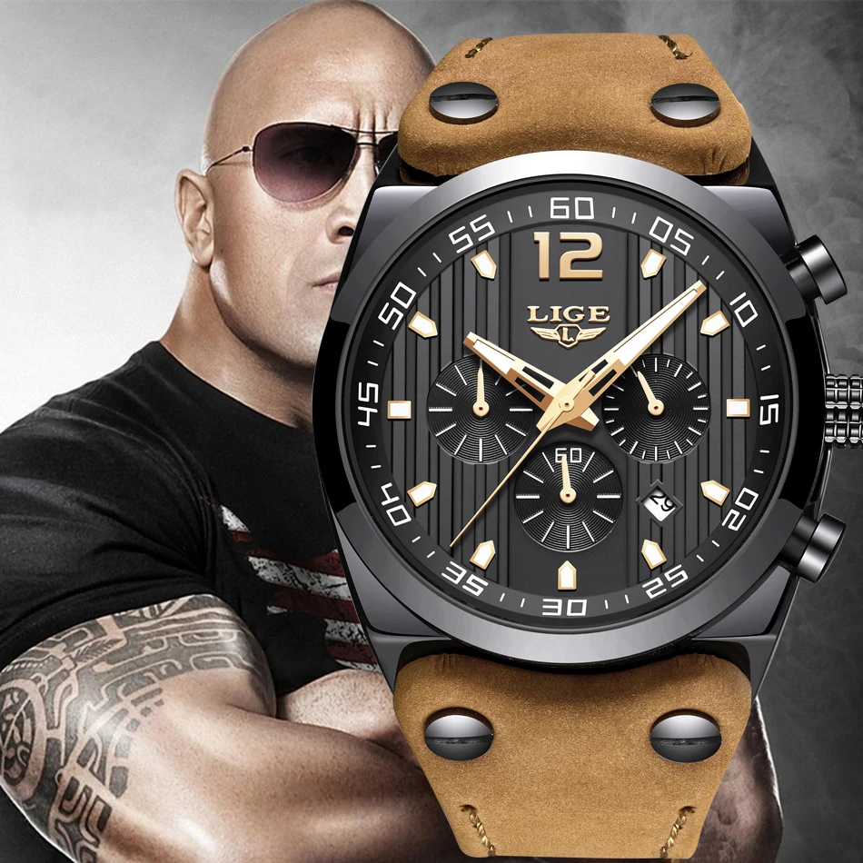 

Reloje 2020 LIGE Top Brand Men's Chronograph Analog Quartz Watch Date Luminous Waterproof Blue Leather Strap Wristswatch for Man