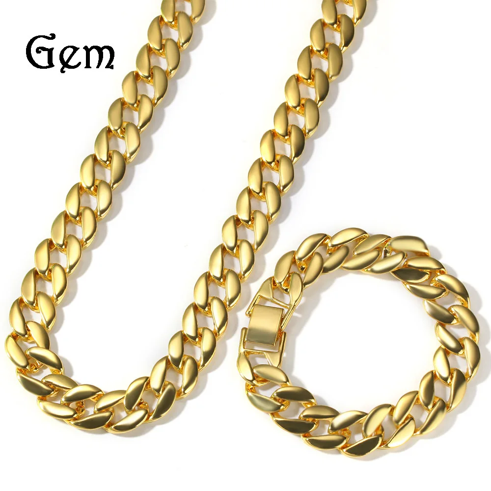 

Classic Style Alloy Necklace Bracelets Set Europe And America Hip Hop Punk Gold Plated Men Shiny Side Cuba Pendant