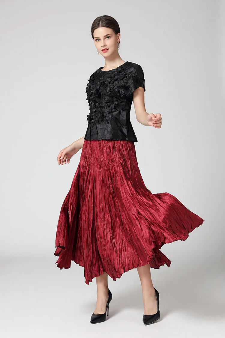 Changpleat, летняя коллекция, новые женские топы, футболка Miyak, плиссированная, модный дизайн, однотонный, Круглый ворот, тонкий, короткий рукав, женские футболки