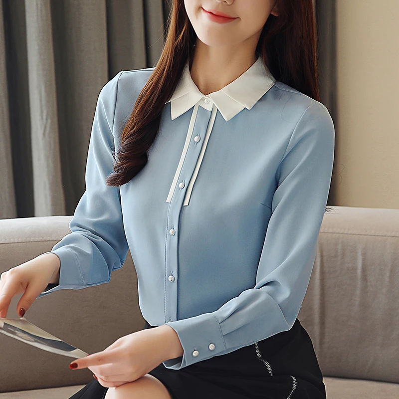 

COIGARSAM Office Lady Patchwork Shirt Womens tops New Spring Full Sleeve Chiffon Solid Women shirts Blue 6702
