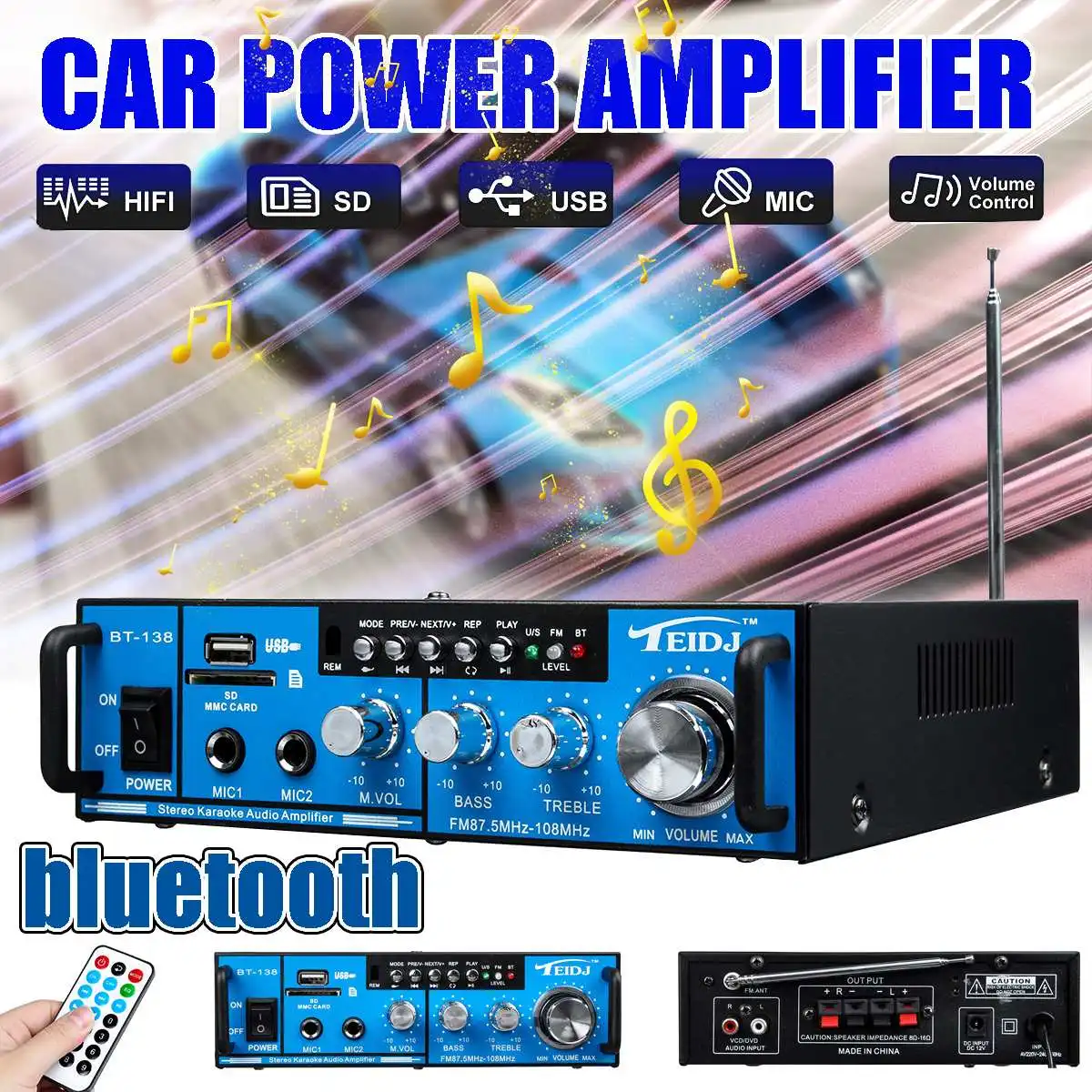 

800W 12V/220V 2Channel HIFI bluetooth Audio Amplifiers FM Audio Power Amplifier Karaoke USB SD TF RC for Home Car W/Dual Mic