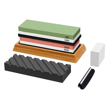 

Sharpening Stone Set(Grit 400/1000,3000/8000),with Bamboo Base,Silicon Holder,Fixing Stone,Angle Guide,Flattening Stone