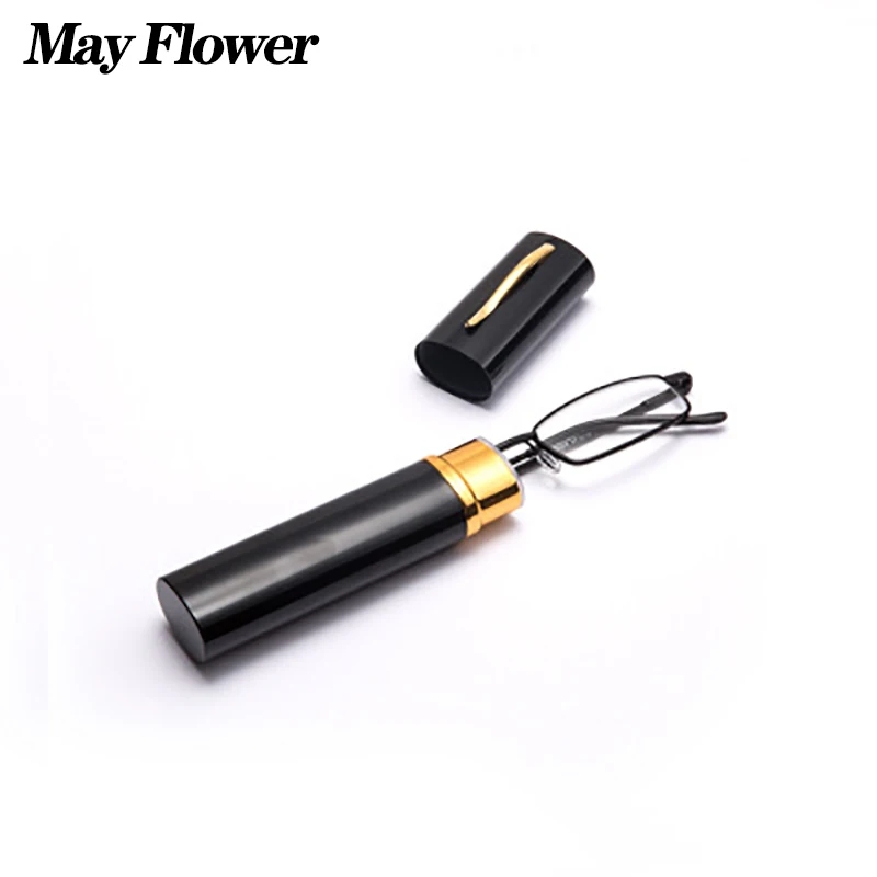 

May Flower Portable Unisex Reading Glasses Metal Spring Hinge Presbyopic Eyewear With Case Presbyopia Pen Eyeglasses With Box