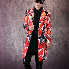 Мужской уличная хип хоп певица костюм для танцоров пальто сценические костюмы для мужчин с одной пуговицей печати Slim Fit длинный костюм Блейзер Куртка