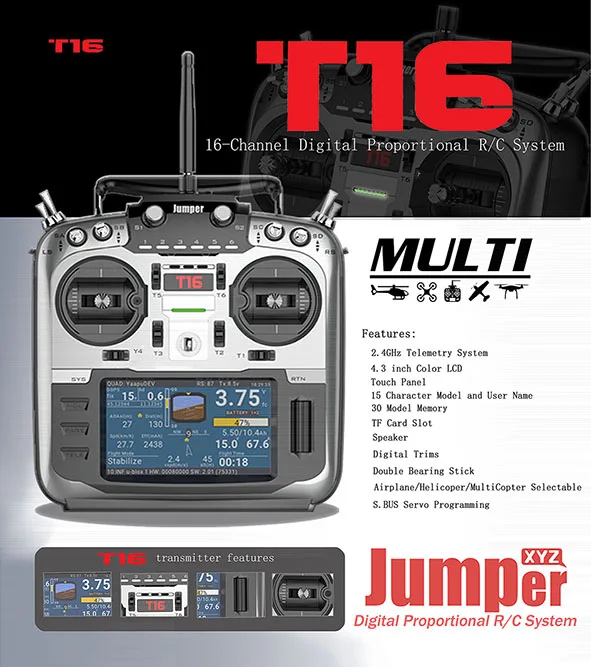 

Jumper T16 Open Source Jumper RC Transmitter JP4-in-1 RF Module 2.4G 16CH 4.3 inch LCD for FPV Racing Drone Aircraft