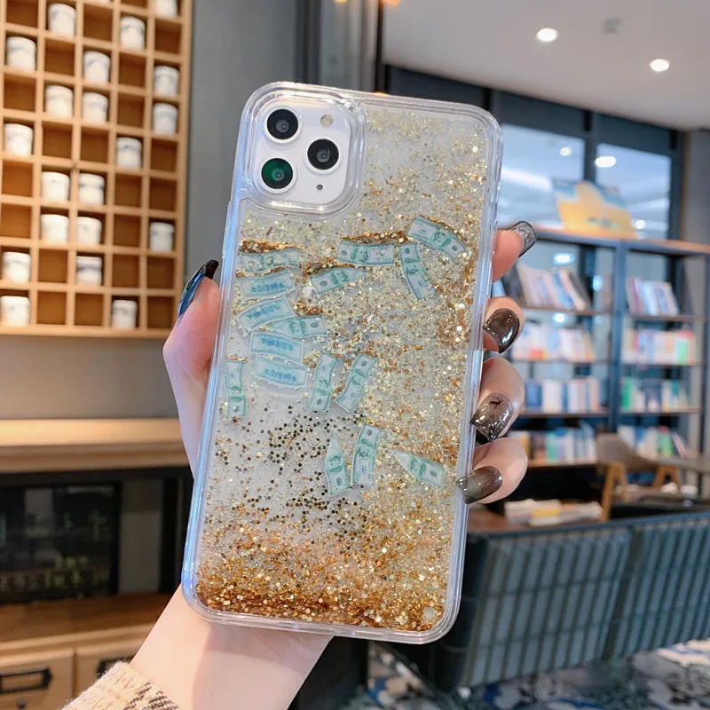 

Dollar liquid quicksand back cover For 11 Pro X XS Max XR PC transparent phone case Funde For iPhone 8 7 6 6s Plus cases capa