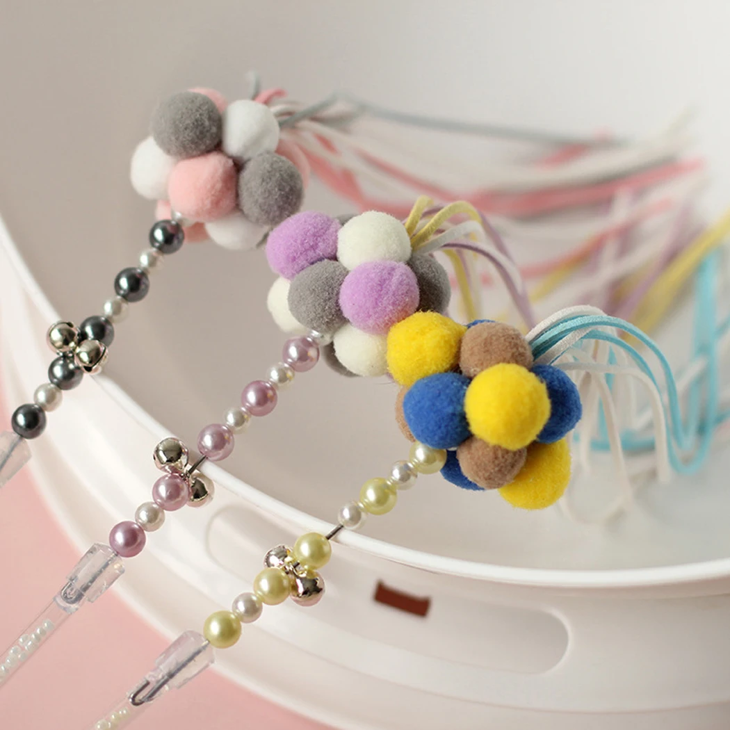 Cat Teaser Wand Beaded Kitten Teaser Stick Cat Interactive Toy Colorful Pet Tassel Wand With Pompom And Bell Pet Supplies
