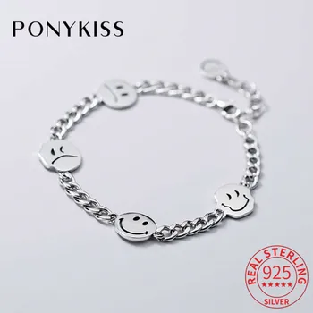 

PONYKISS Genuine S925 Sterling Silver Funny emoticons chain Minimlist Bracelets Women Party fine Jewelry Accessory chic Gift