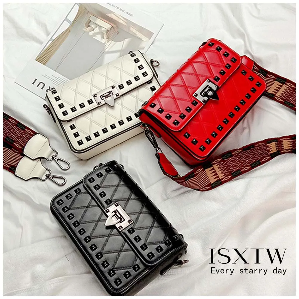 

ISXTW 2019 PU New Bag for Women Fashion Rivet Diamond Small Square Bag Shoulder Slung Wide Shoulder Strap Retro Bag / A23