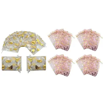 

100Pcs 9X12cm Organza Jewelry Gift Pouch Candy Pouch (Silver-Gold Leaf) & 100 PCS 9X12cm Heart Printed Pink Organza Bags