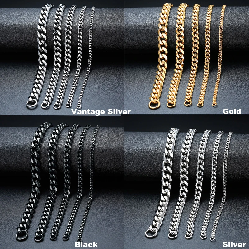 Men’s Bracelet Curb Cuban Link Chain Stainless Steel Mens Womens Bracelets Bangle Gold Tone No Fade 3mm to 11mm